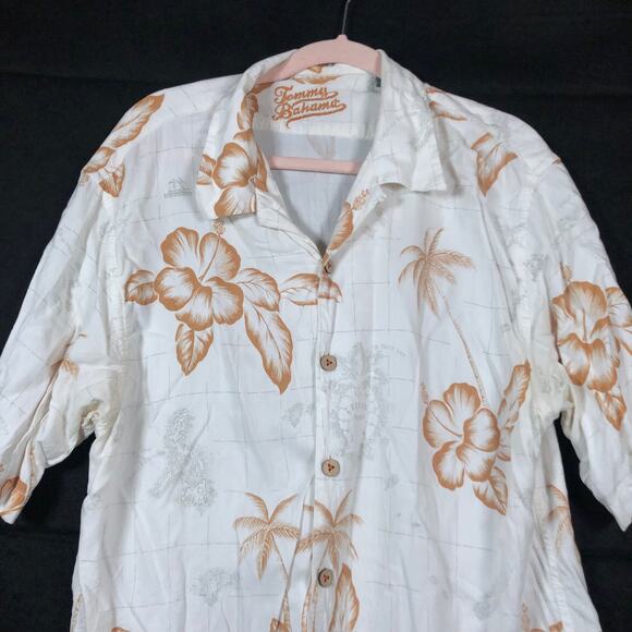 Tommy Bahama Mens Shirt White Gold Hawaiian Camp Vacation Leaf Floral Large - Picture 2 of 11